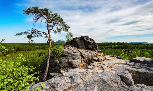Máchův kraj - skalní masiv Pinka v pozadí Bezděz